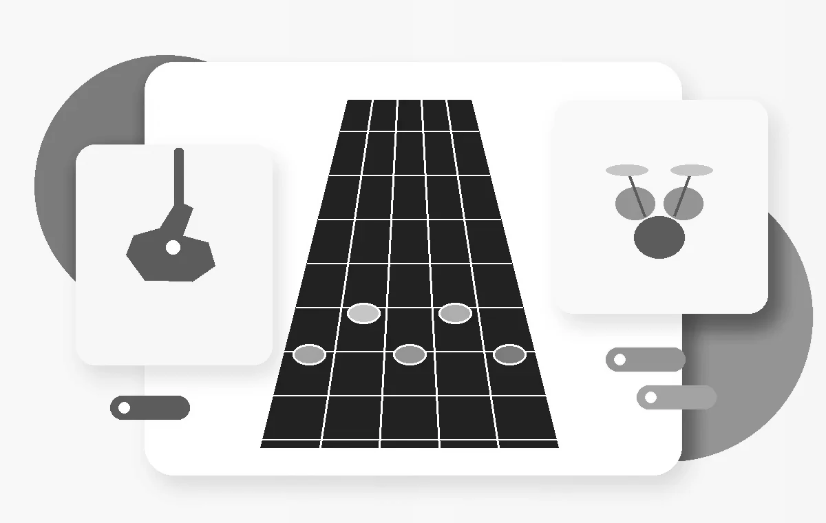 Abstract rhythm highway with guitar and drum setup elements